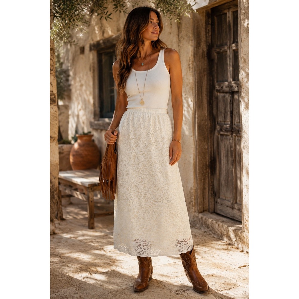 Jason Wu Cream Floral Lace Maxi Skirt Ivory Elastic Cottage Wedding Bridal M